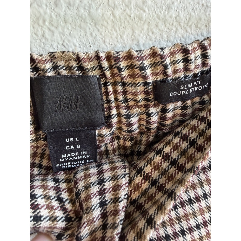 H&M Men's L Brown Black Beige Check Viscose Blend Slim Flat Front Dress Pants - Picture 3 of 7